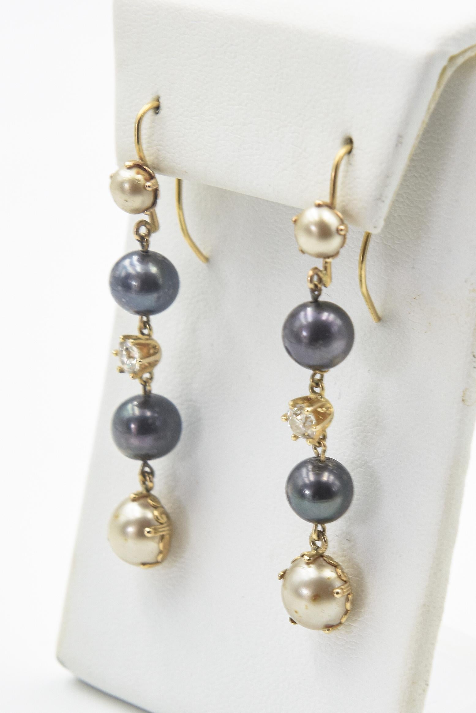 Round Cut Long Dangling Diamond and Pearl Yellow Gold Earrings For Sale