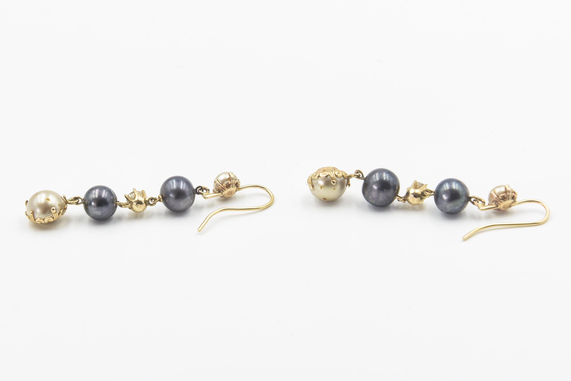 Long Dangling Diamond and Pearl Yellow Gold Earrings For Sale 1