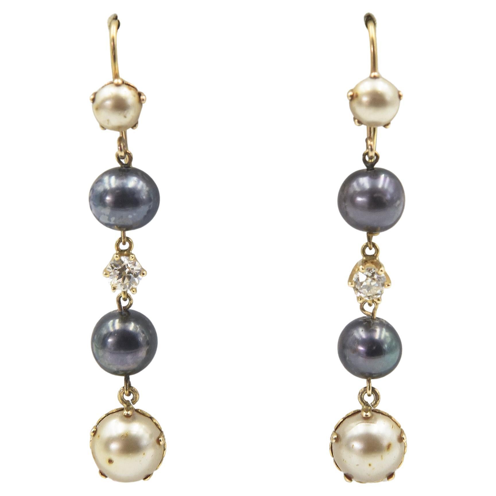 Long Dangling Diamond and Pearl Yellow Gold Earrings For Sale