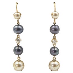 Vintage Long Dangling Diamond and Pearl Yellow Gold Earrings
