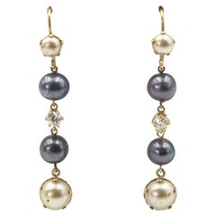 Long Dangling Diamond and Pearl Yellow Gold Earrings