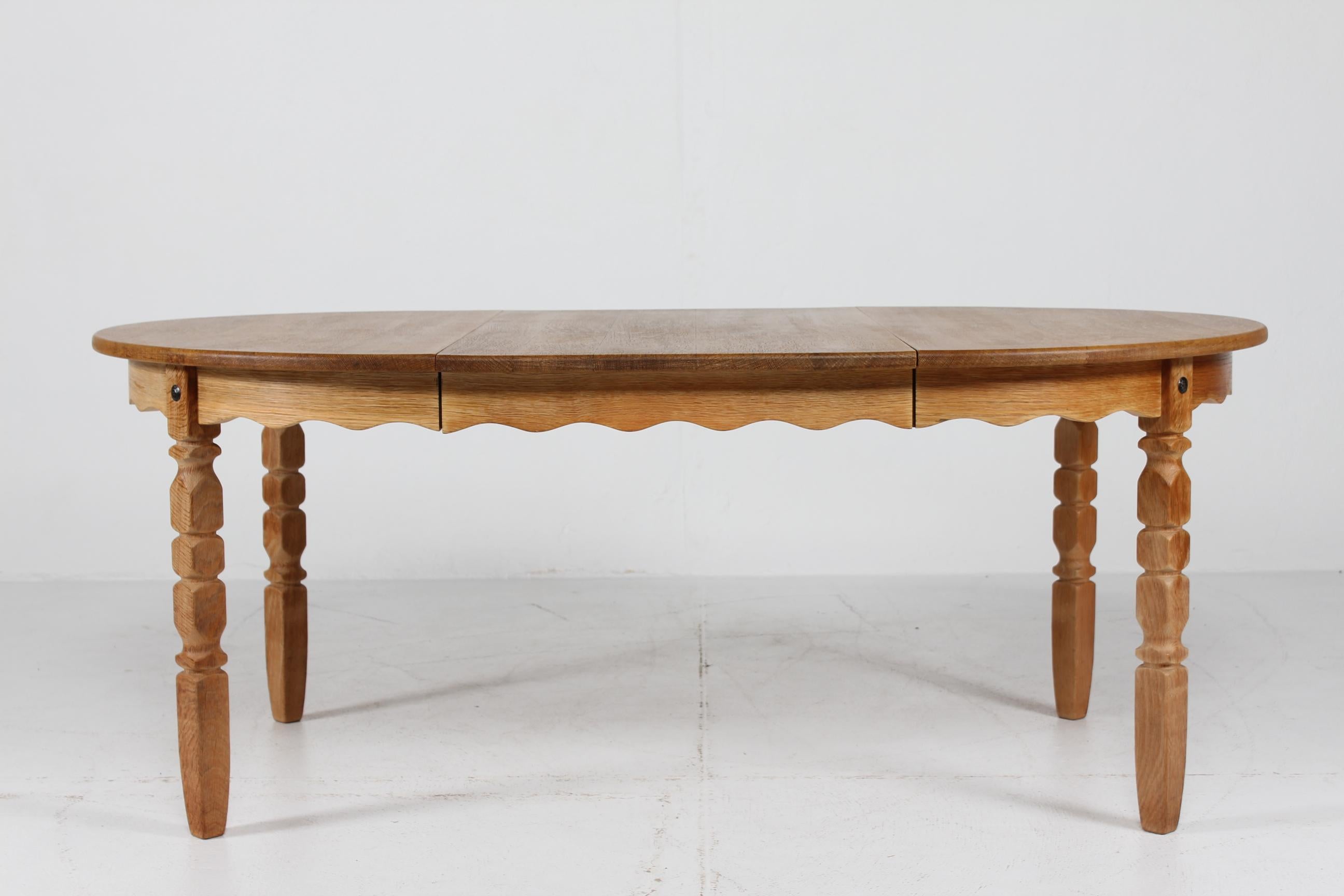 Iron Long Danish 3 Leaves Extendable Dining Table of oak by Henning Kjærnulf 1970s