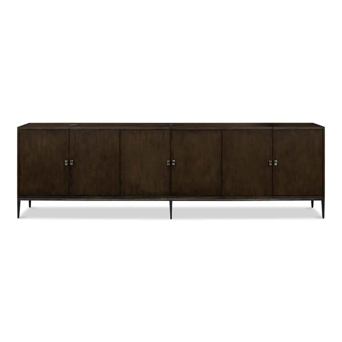 A symbol of minimalist elegance. Precision-crafted, this exquisite piece boasts Oak veneers in a dark artisan finish, complemented by textured iron inlays in both circular and linear designs.

This credenza's proportions are meticulously designed