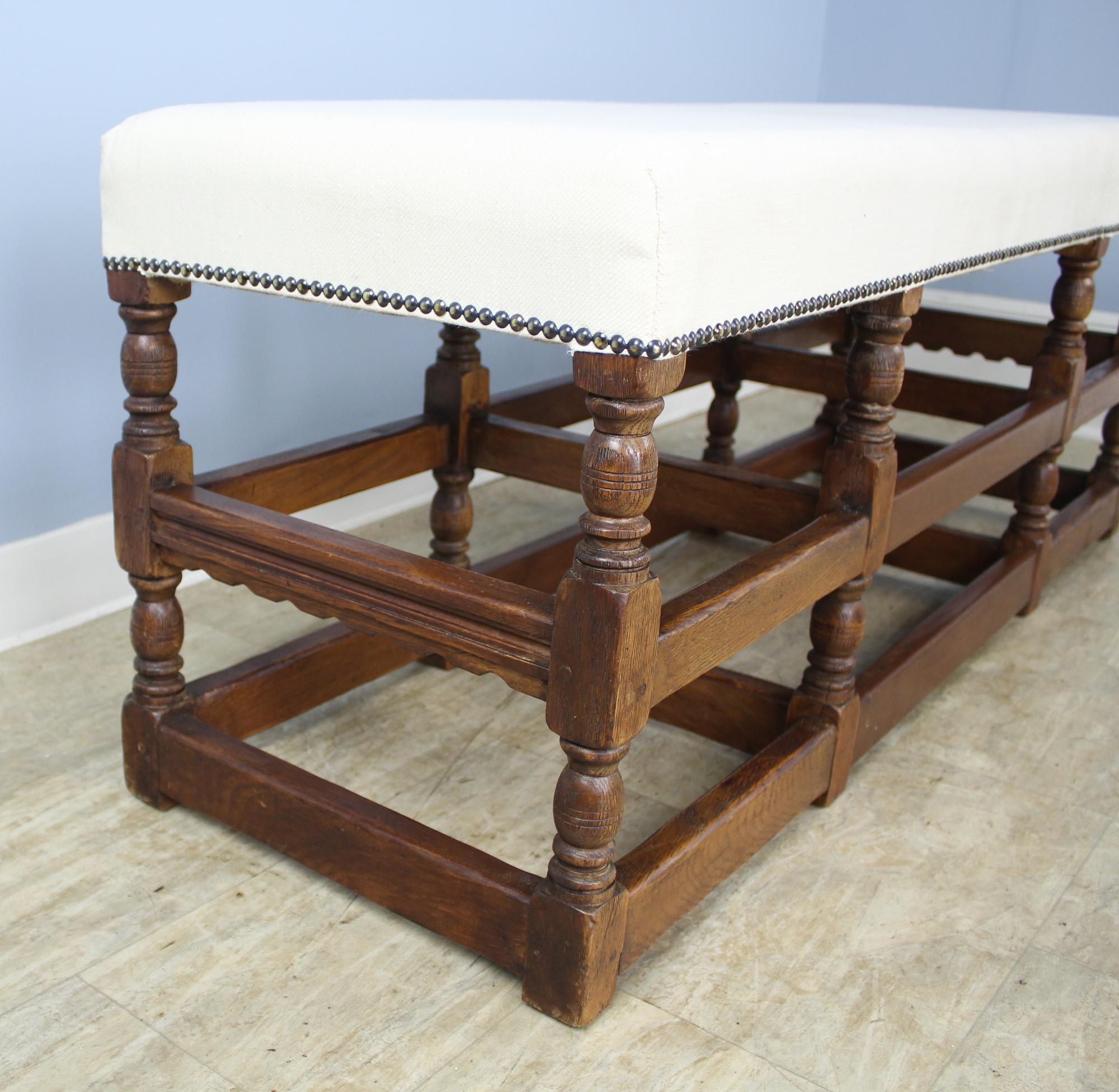 Long Decorative Oak Stool with Turned Legs For Sale 1