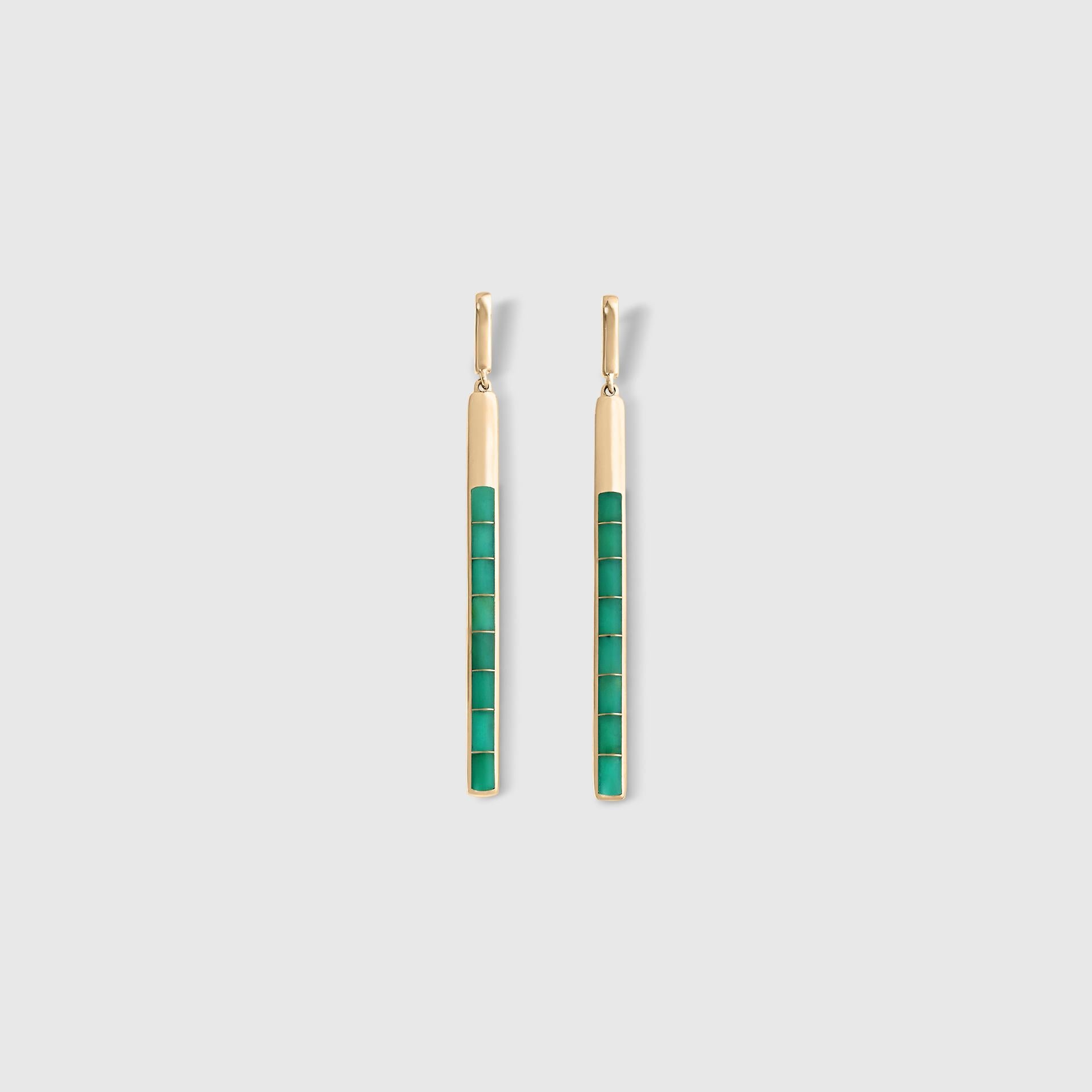 Long, Delicate, Chrysoprase Inlay Post Earrings, 14kt Yellow Gold, by Kabana, Measures 1 1/2