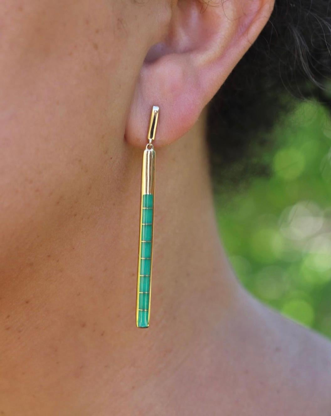 Contemporary Long, Delicate, Chrysoprase Inlay Post Earrings, 14kt Yellow Gold, by Kabana For Sale