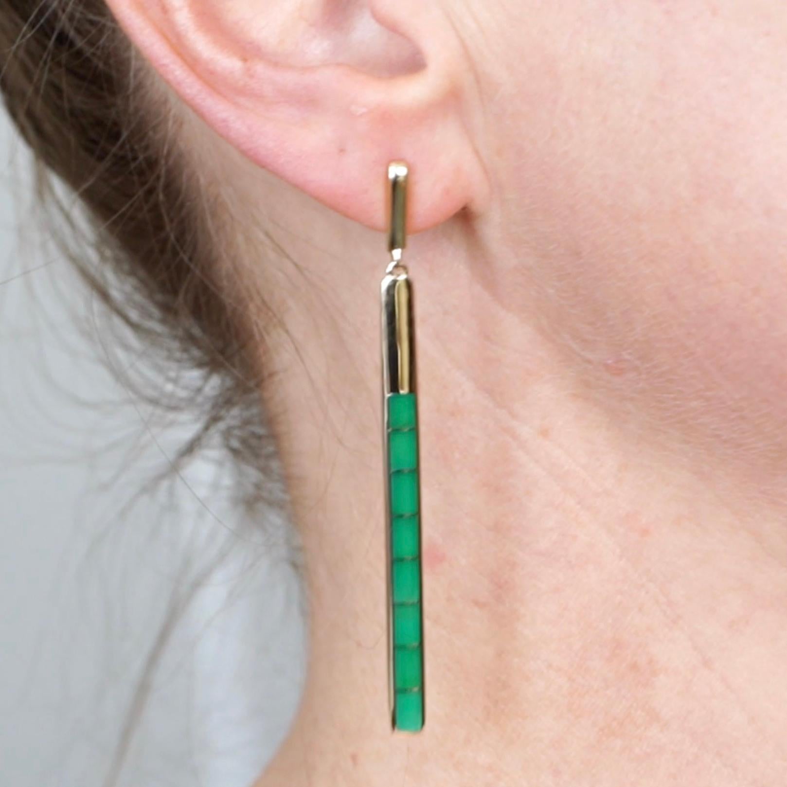 Round Cut Long, Delicate, Chrysoprase Inlay Post Earrings, 14kt Yellow Gold, by Kabana For Sale