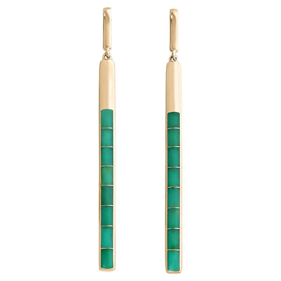 Long, Delicate, Chrysoprase Inlay Post Earrings, 14kt Yellow Gold, by Kabana For Sale