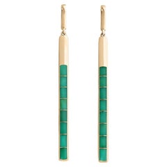 Long, Delicate, Chrysoprase Inlay Post Earrings, 14kt Yellow Gold, by Kabana
