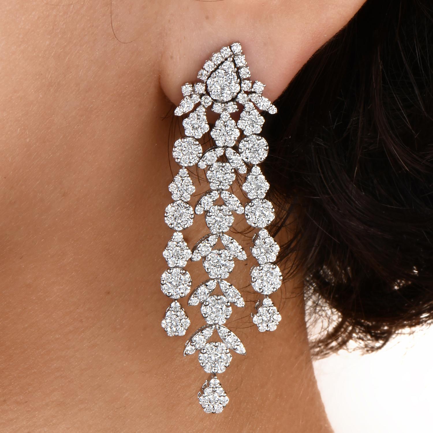 Art Deco Long  Diamond 18K White Gold Floral Link Dangle Drop Earrings  For Sale