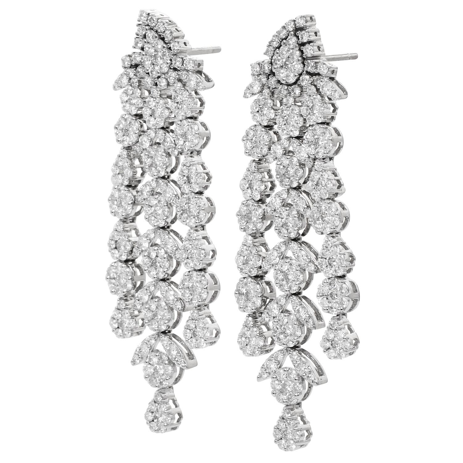 Round Cut Long  Diamond 18K White Gold Floral Link Dangle Drop Earrings  For Sale