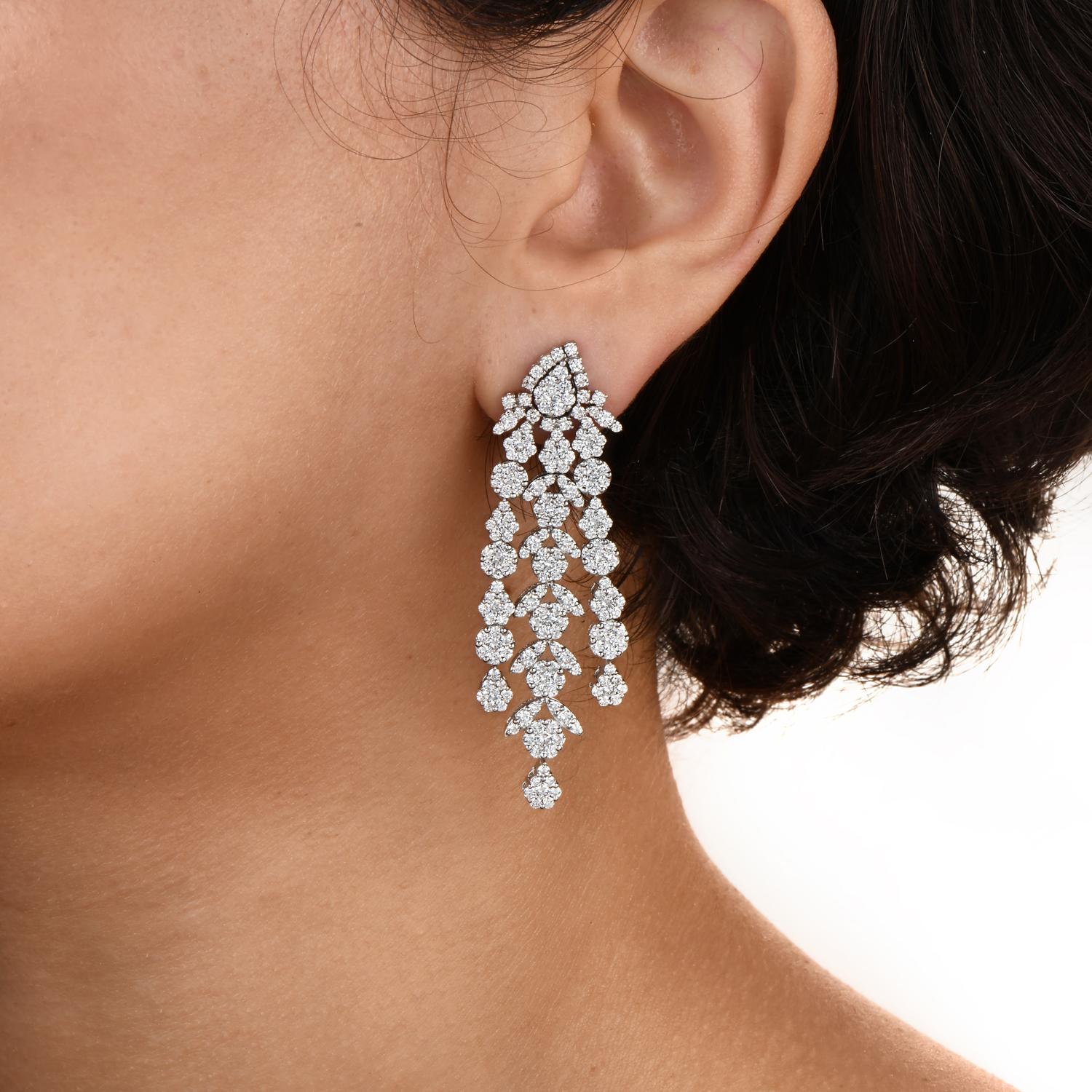 Women's Long  Diamond 18K White Gold Floral Link Dangle Drop Earrings  For Sale