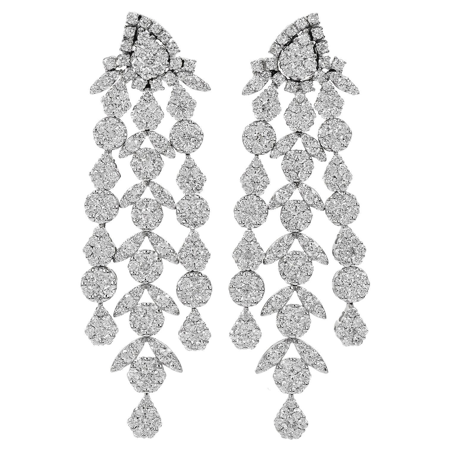 Long  Diamond 18K White Gold Floral Link Dangle Drop Earrings  For Sale