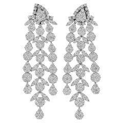 Long  Diamond 18K White Gold Floral Link Dangle Drop Earrings 