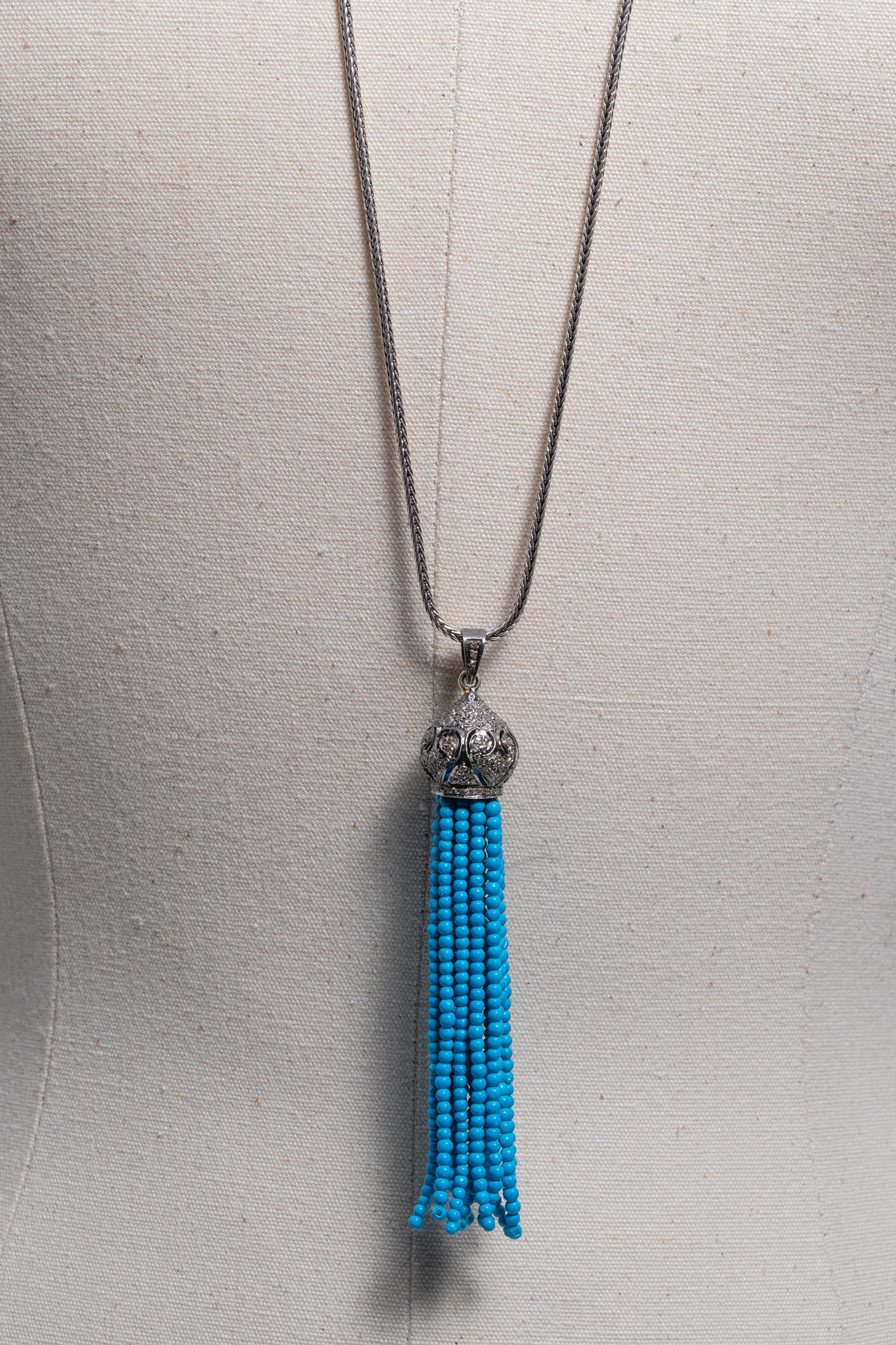 Round Cut Long Diamond and Turquoise Tassel Pendant Necklace on Sterling Silver Chain For Sale
