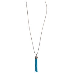 Long Diamond and Turquoise Tassel Pendant Necklace on Sterling Silver Chain