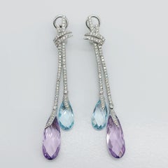 Long Diamond, Blue Topaz and Amethyst Drop Earrings in 18K White Gold, Diamrusa