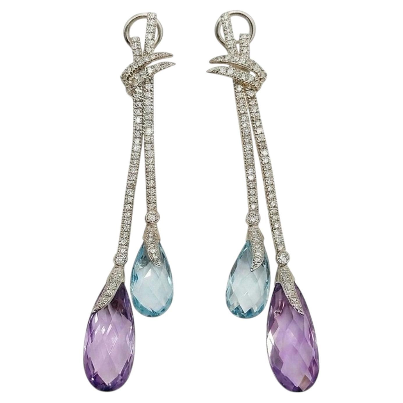 Long Diamond, Blue Topaz and Amethyst Drop Earrings in 18K White Gold, Diamrusa