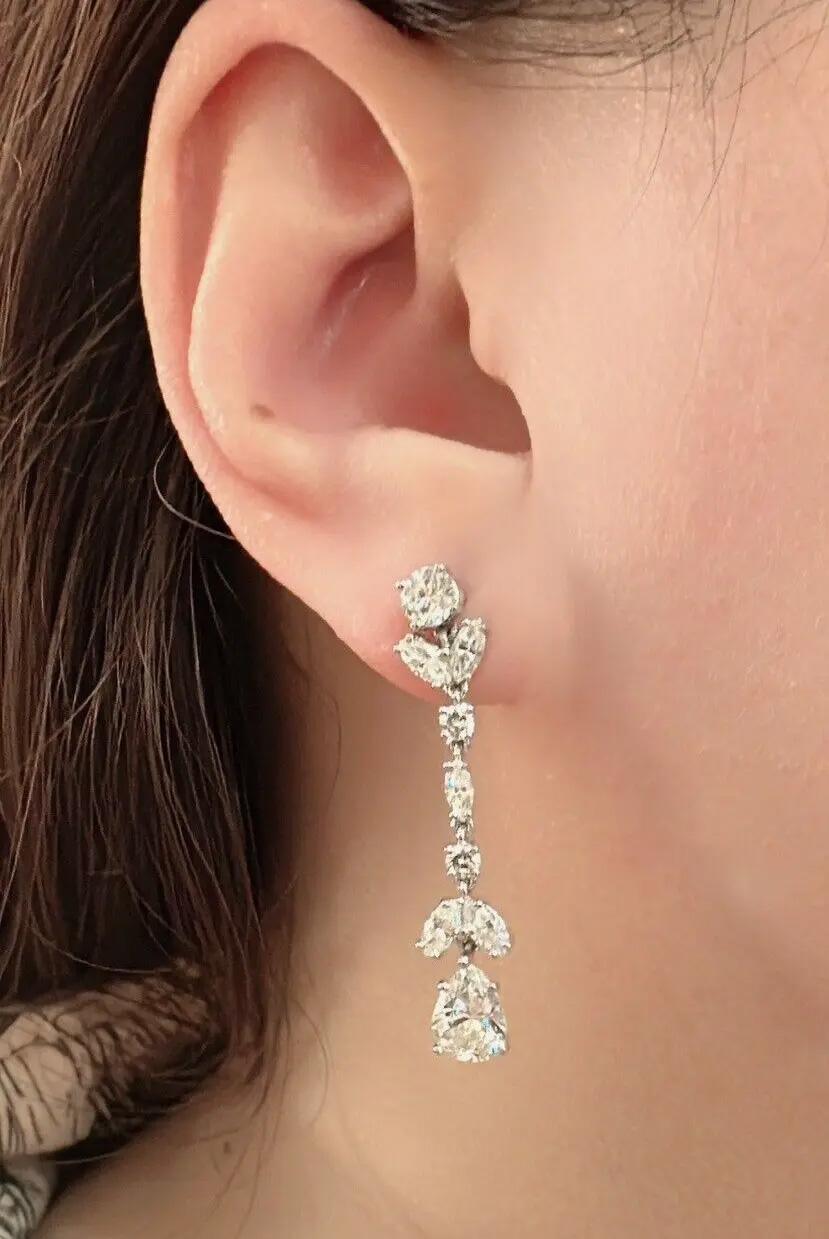 Pear Cut Long Diamond Drop Earrings with Pear Shapes in 18k White Gold & Platinum For Sale