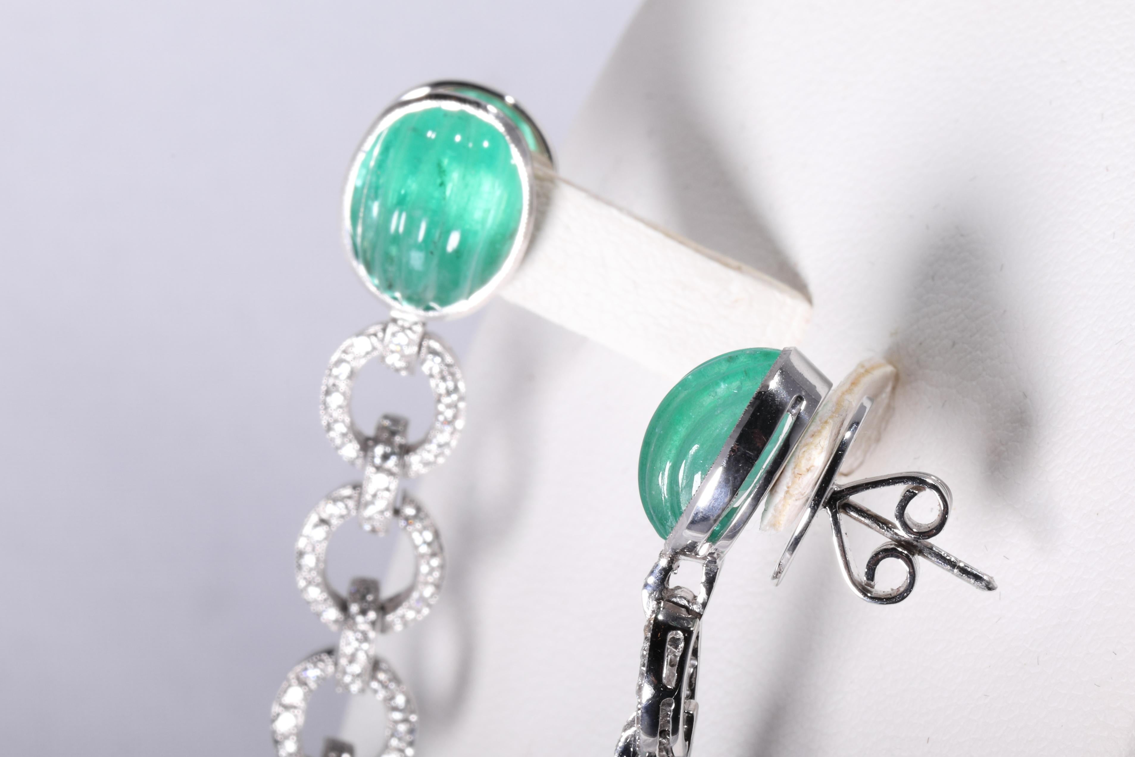 Art Deco Long Diamond Emerald Earrings For Sale