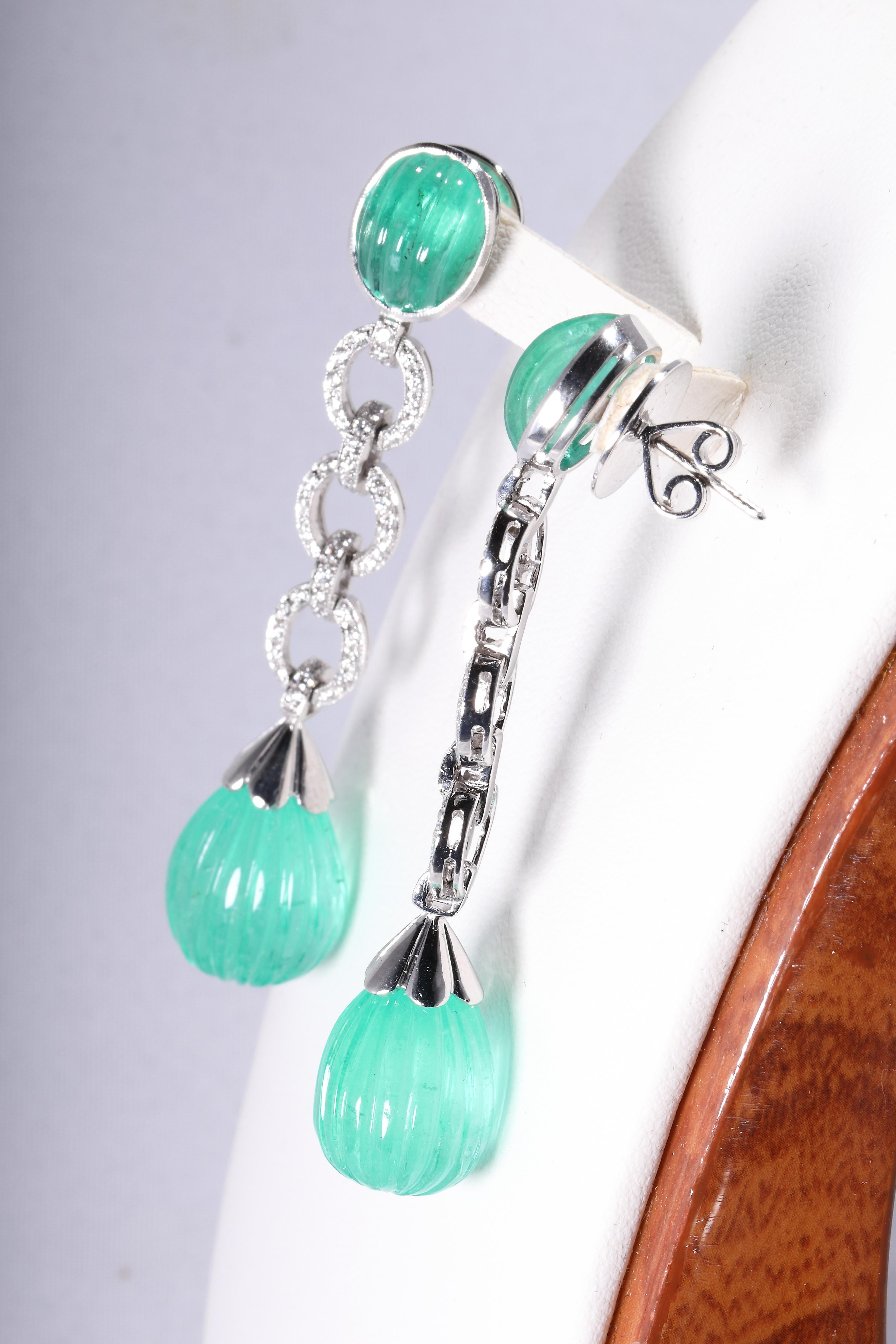 Cabochon Long Diamond Emerald Earrings For Sale