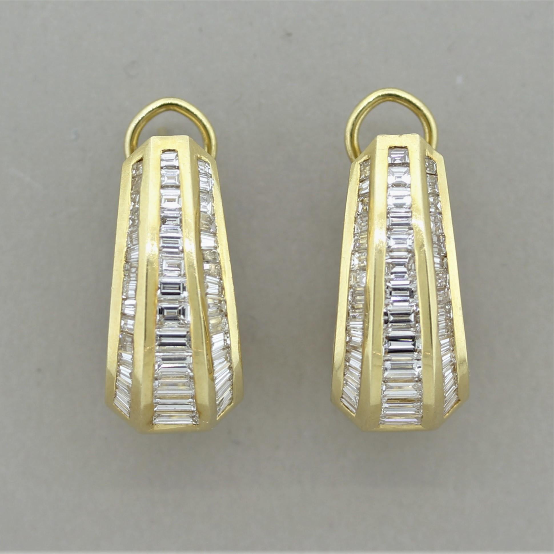 Baguette Cut Long Diamond Gold Cascade Earrings, Circa 1970’s For Sale