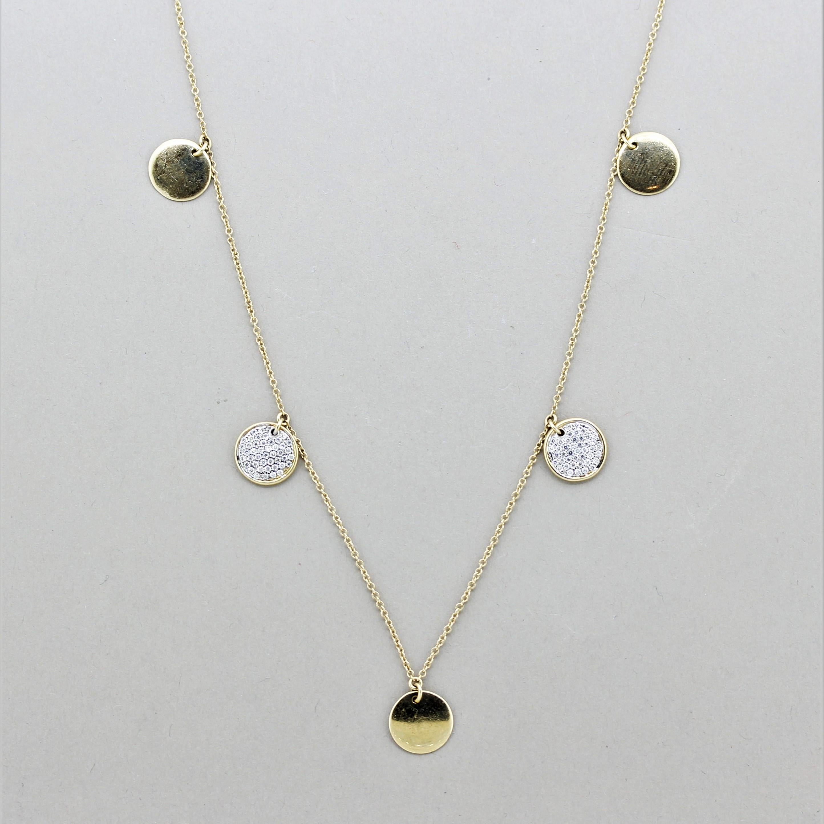 A long and stylish necklace featuring 1.46 carats of round brilliant-cut diamonds. There are 9 gold disks with 4 of them studded with pave-set diamonds. Made in 14k yellow gold and 28 inches in length. Can be double stranded to wear as a