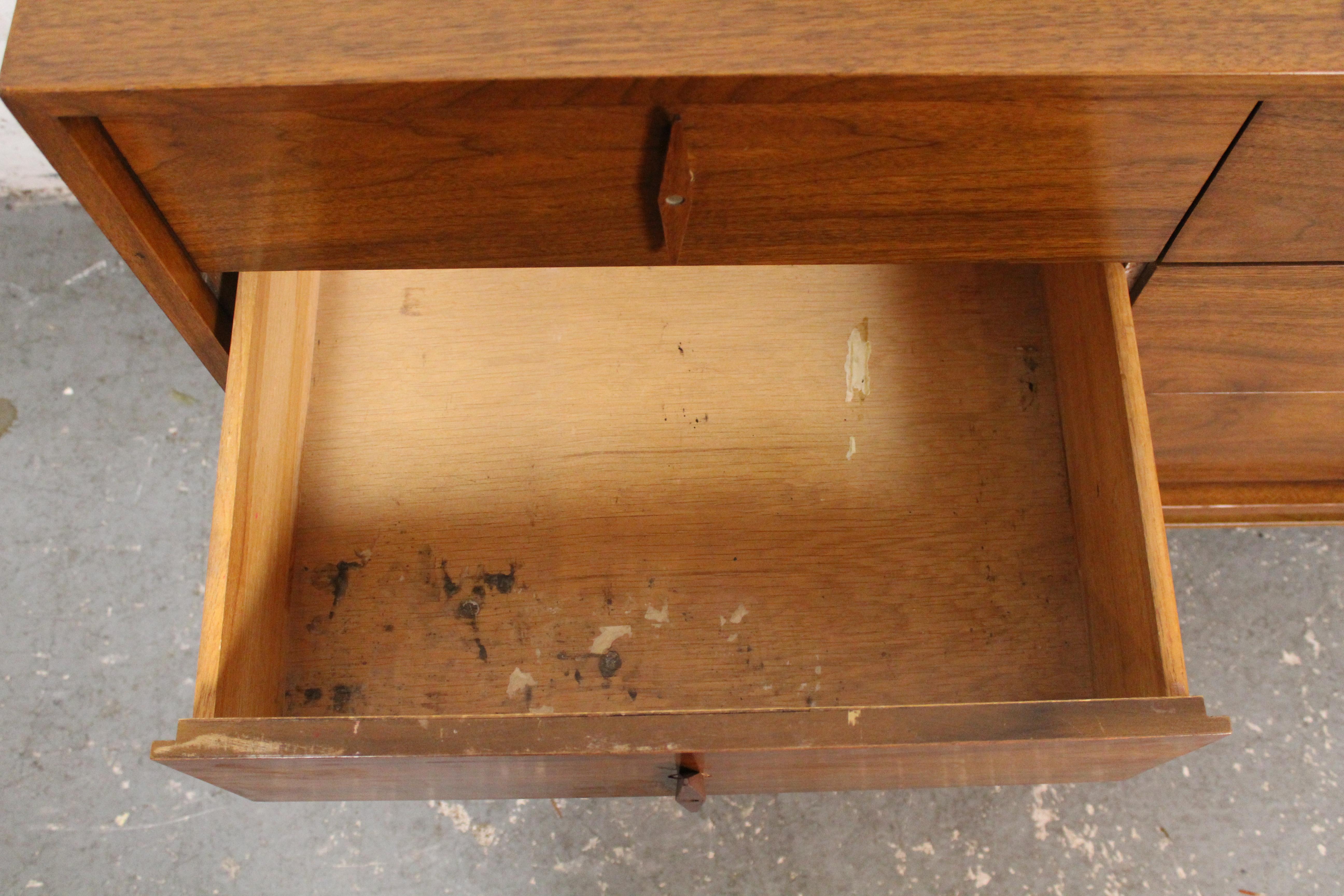 Walnut Long Diamond Handle Dresser by American of Martinsville For Sale