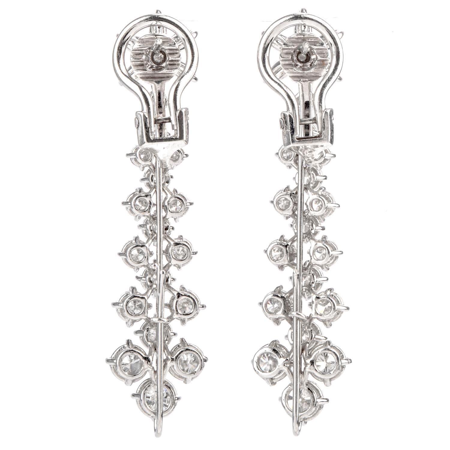 Modern Long Diamond Platinum Floral Dangling Drop Earrings