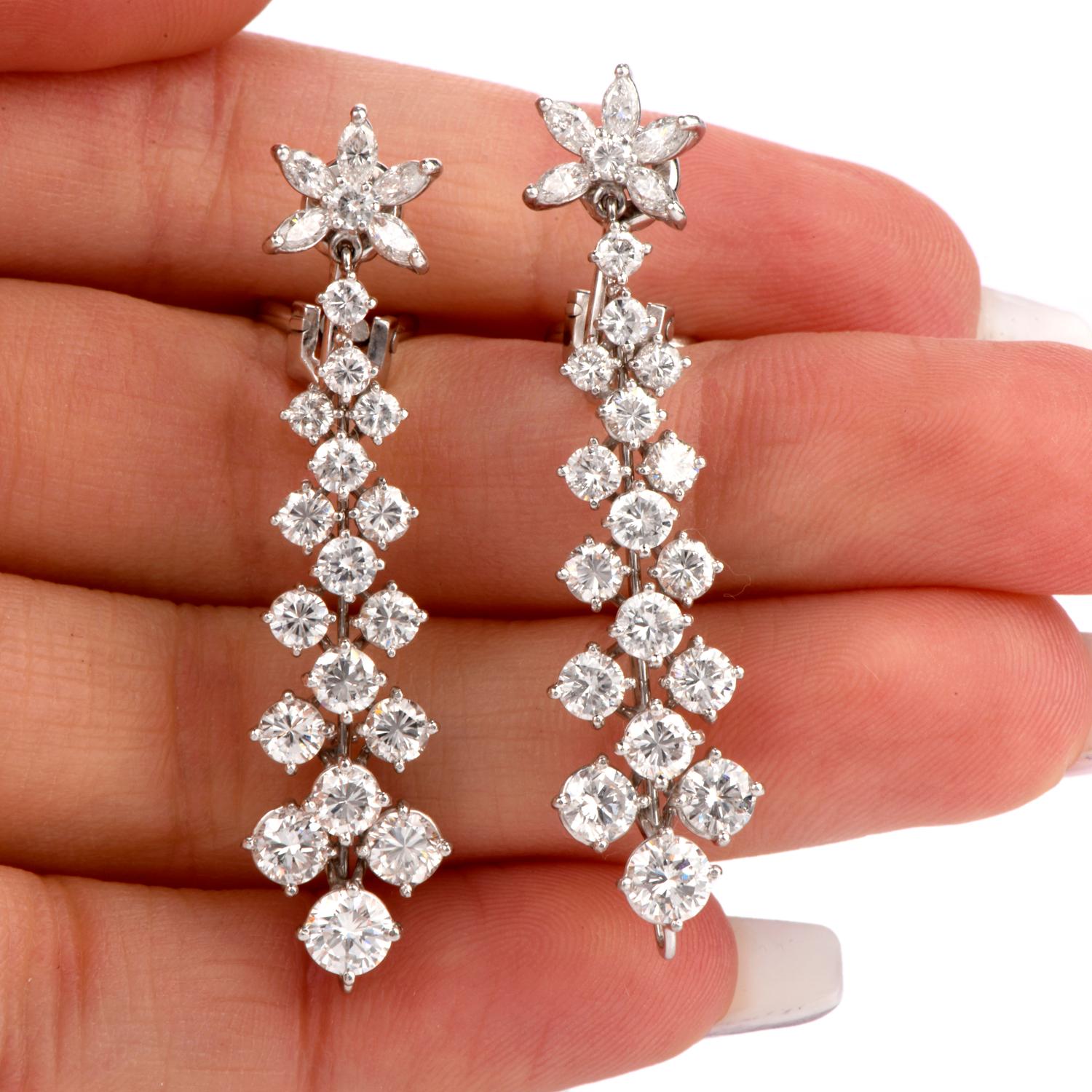 Marquise Cut Long Diamond Platinum Floral Dangling Drop Earrings