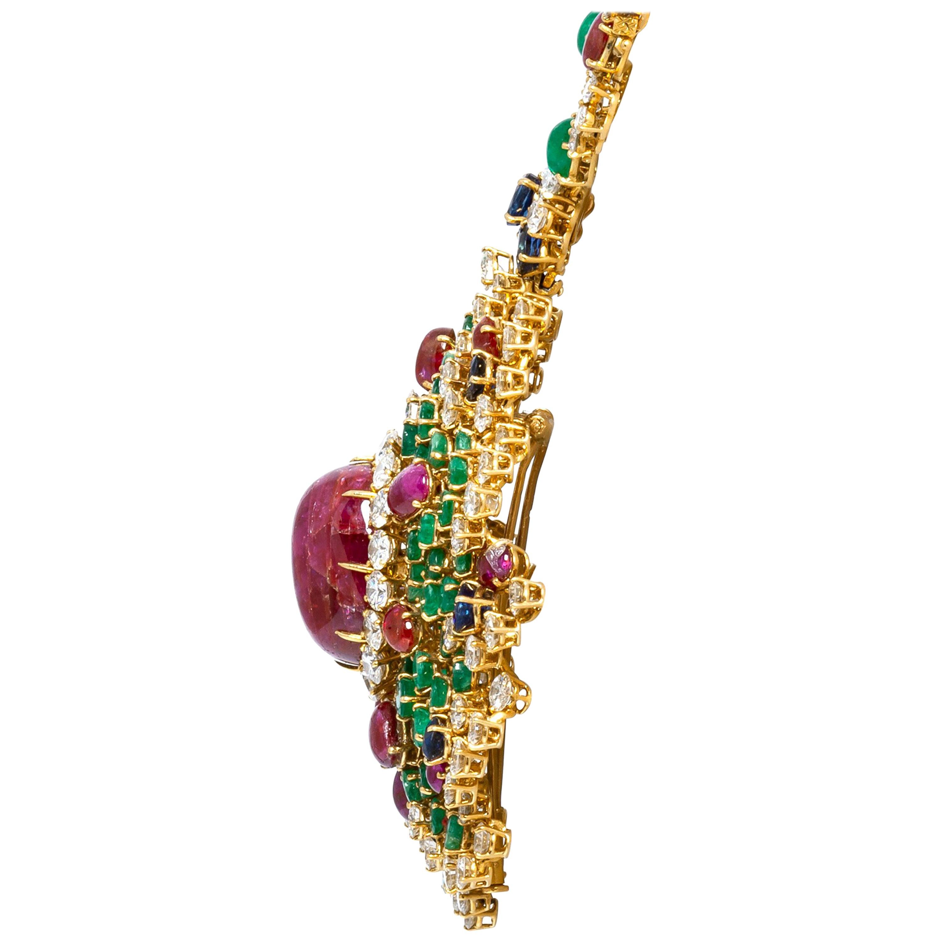 Cabochon Multi-Gemstone Brooch Pendant Necklace For Sale