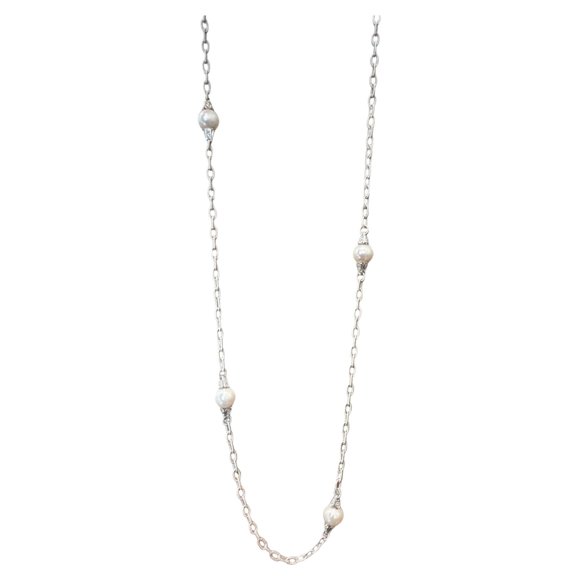 Collar de cadena larga de oro blanco de 14 quilates con diamantes y perlas de 1,00 ct