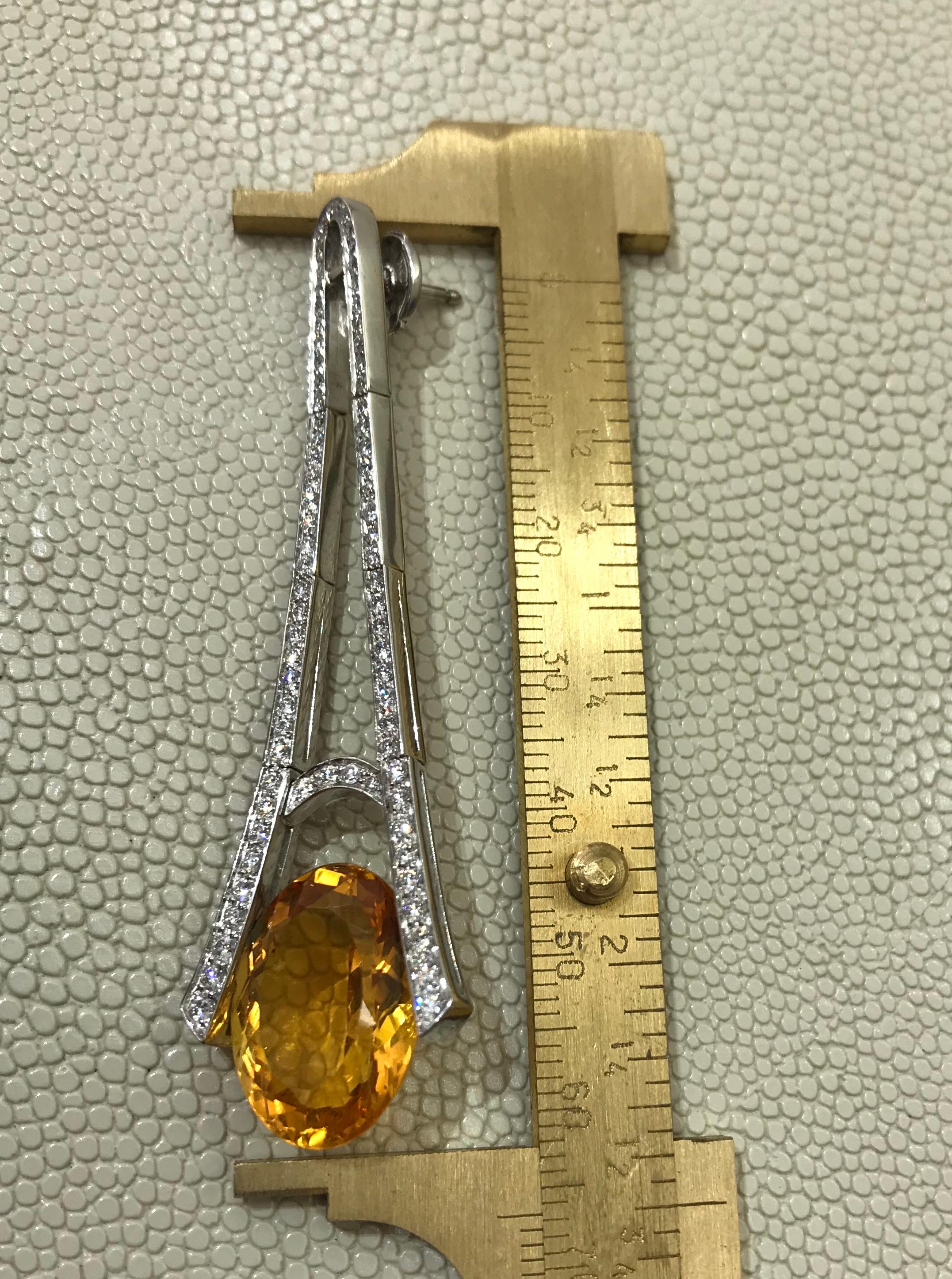Contemporary Long Diamonds Earrings White Gold with Couple of Oval Citrine Quartz Left&Right For Sale