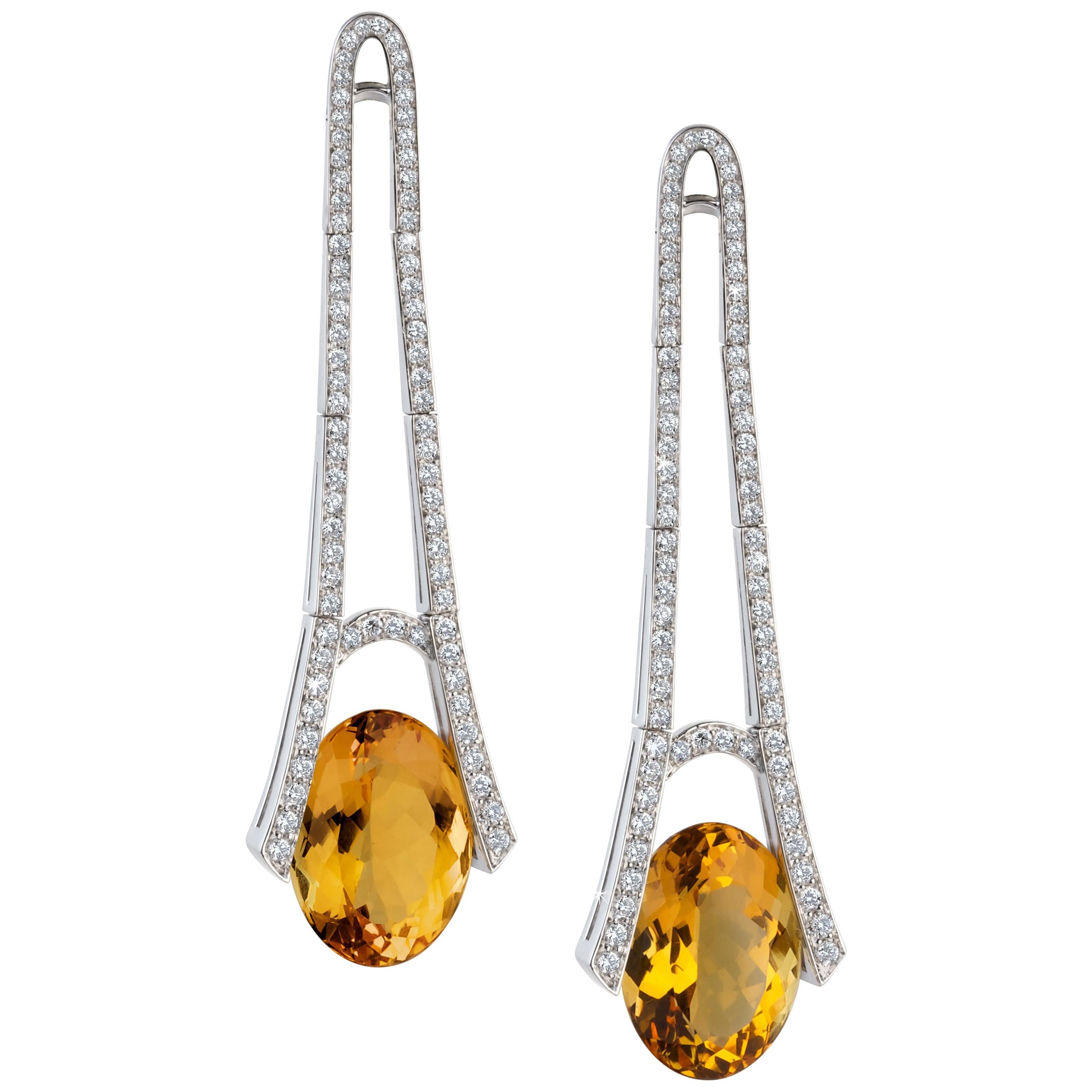 Long Diamonds Earrings White Gold with Couple of Oval Citrine Quartz Left&Right For Sale