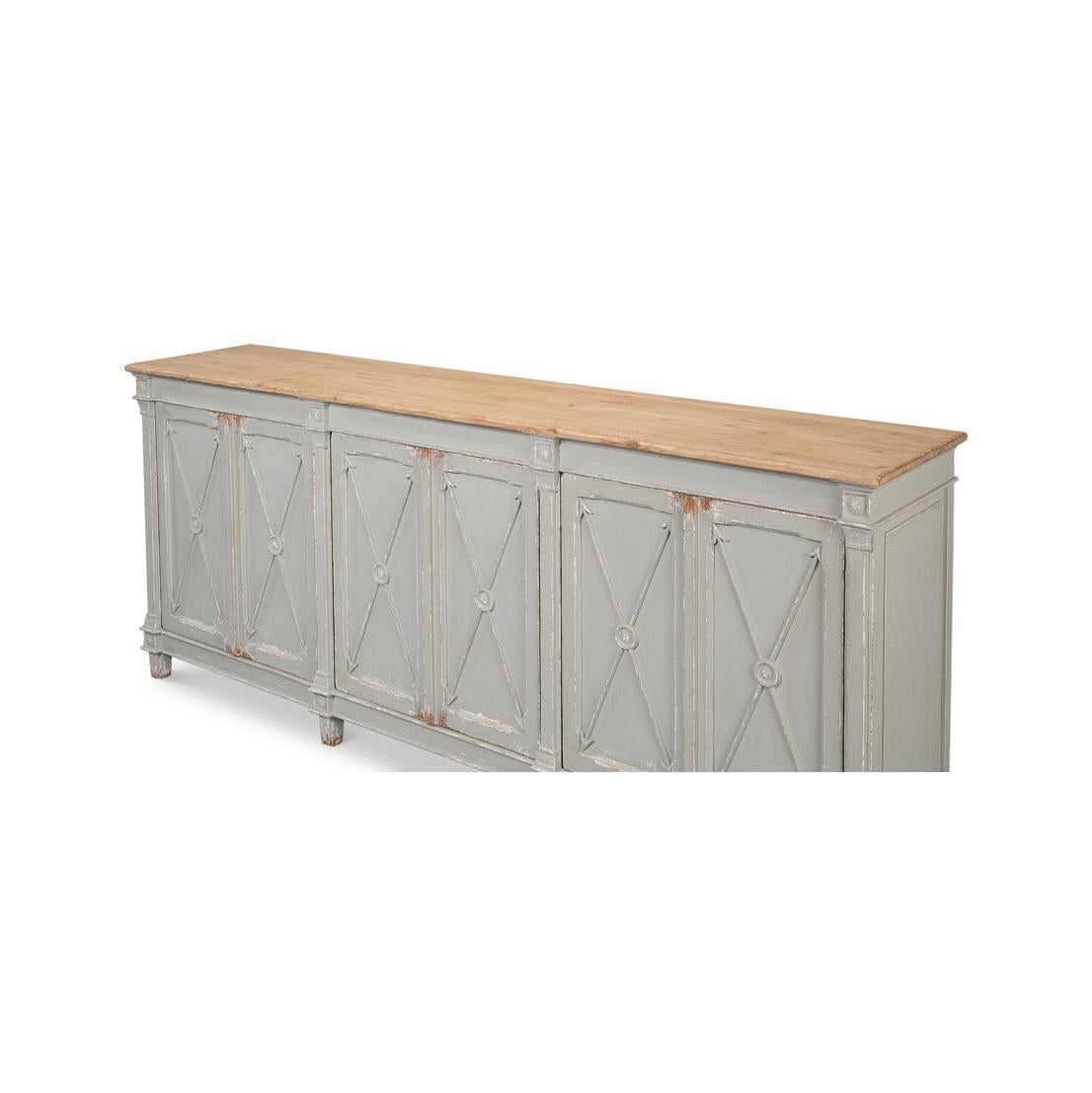 Asian Long Directoire Style Antiqued Gray Buffet For Sale