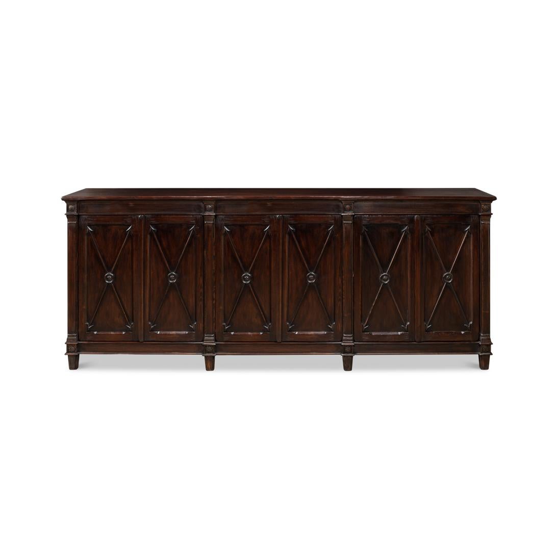 This piece features a hand-rubbed and distressed dark brown stain finish, complementing its six doors adorned with a classic cross-arrow design. Crafted from high-quality pine, this buffet offers a rustic, antiqued finish that exudes old-world charm