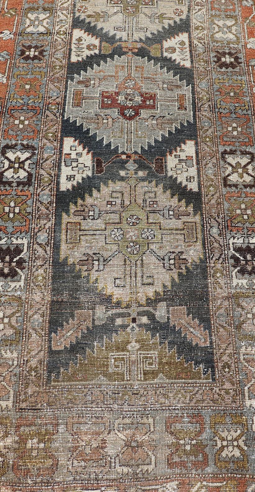 Long Distressed Persian Heriz-Serapi Runner with Multi Medallions For Sale 3