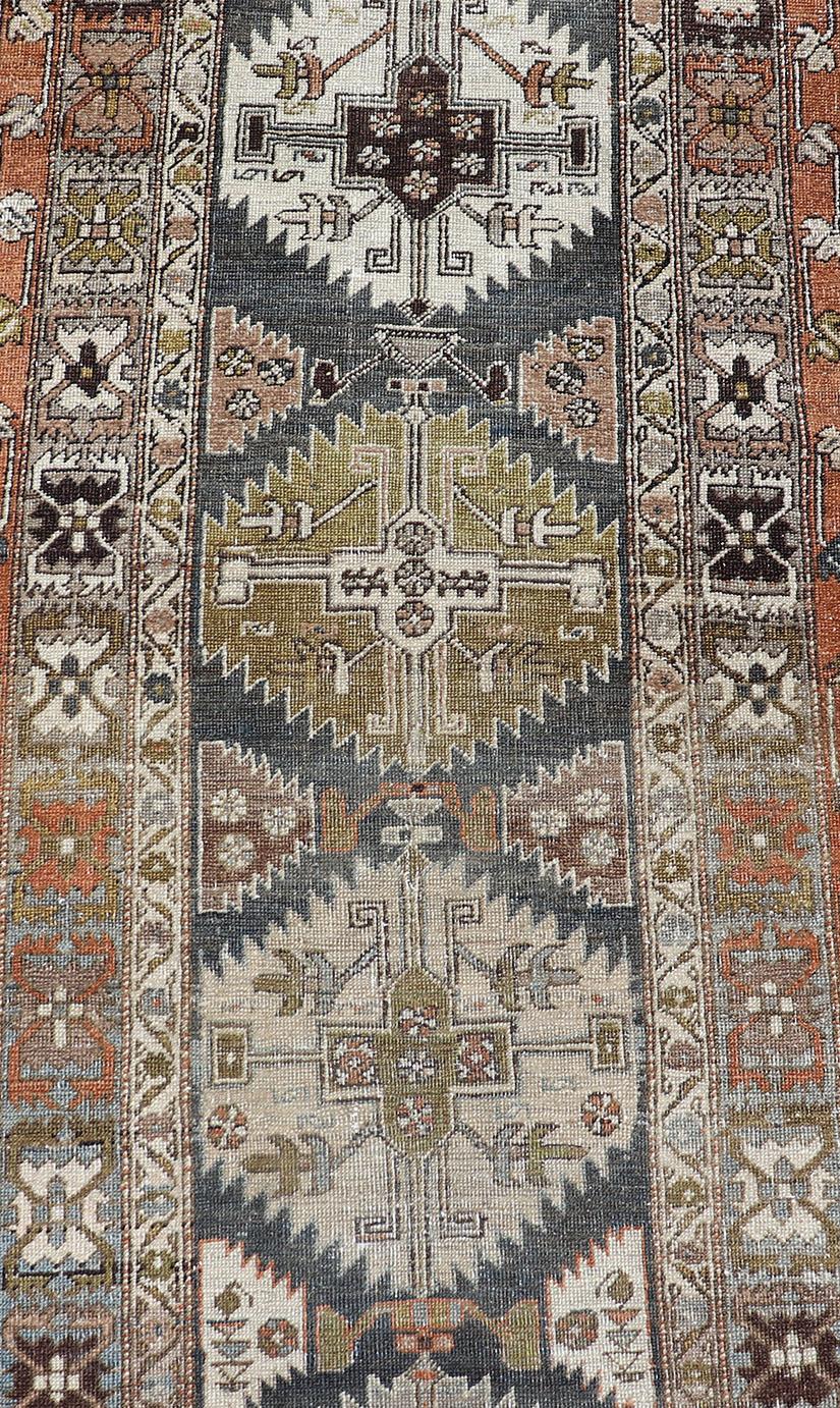 Long Distressed Persian Heriz-Serapi Runner with Multi Medallions For Sale 4