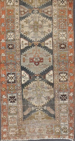 Long Distressed Persian Heriz-Serapi Runner with Multi Medallions