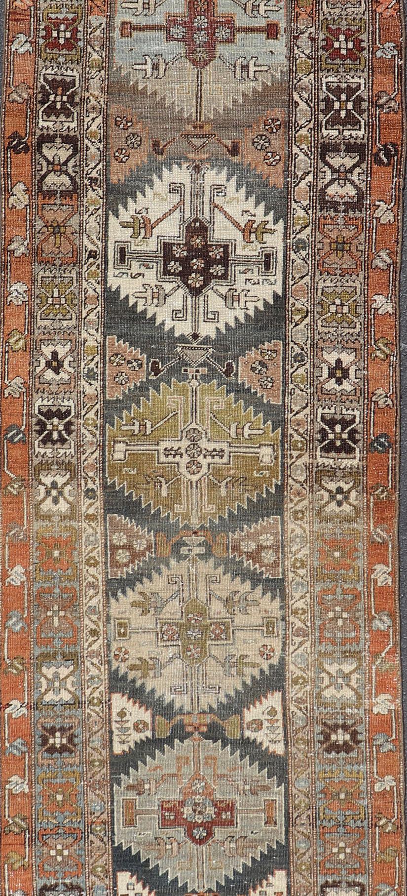 Hand-Knotted Long Distressed Persian Heriz-Serapi Runner with Multi Medallions For Sale