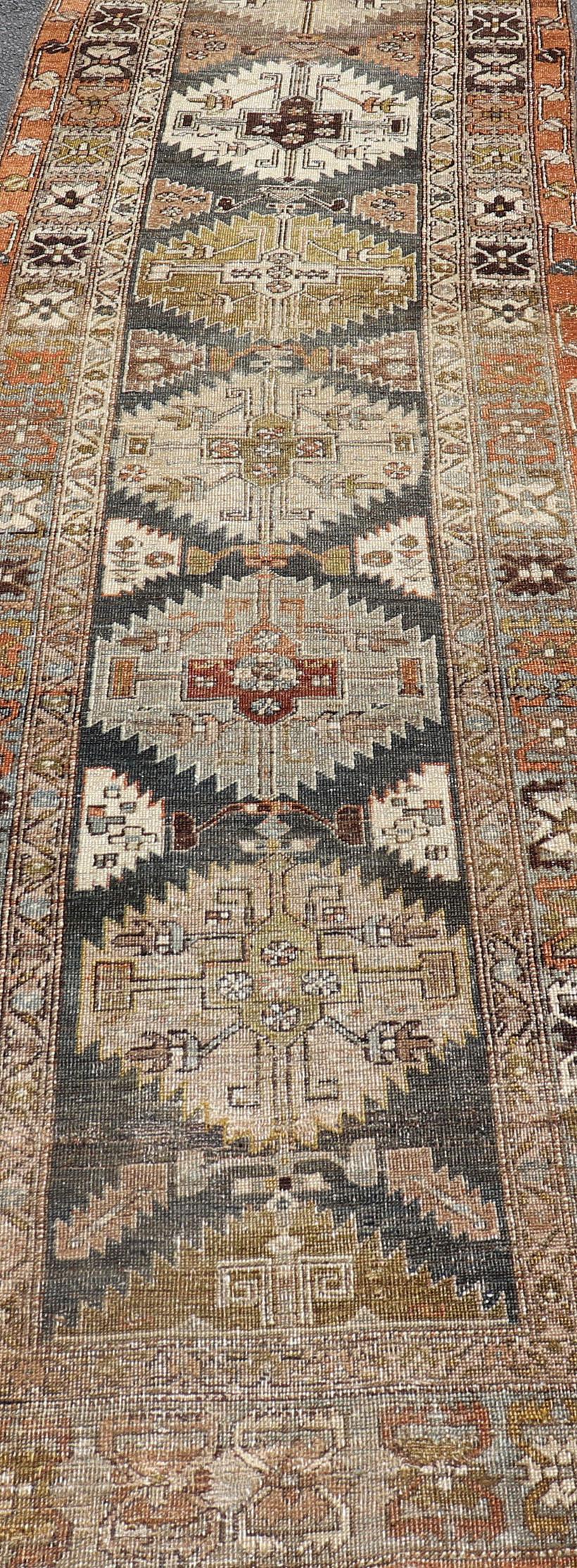 Wool Long Distressed Persian Heriz-Serapi Runner with Multi Medallions For Sale