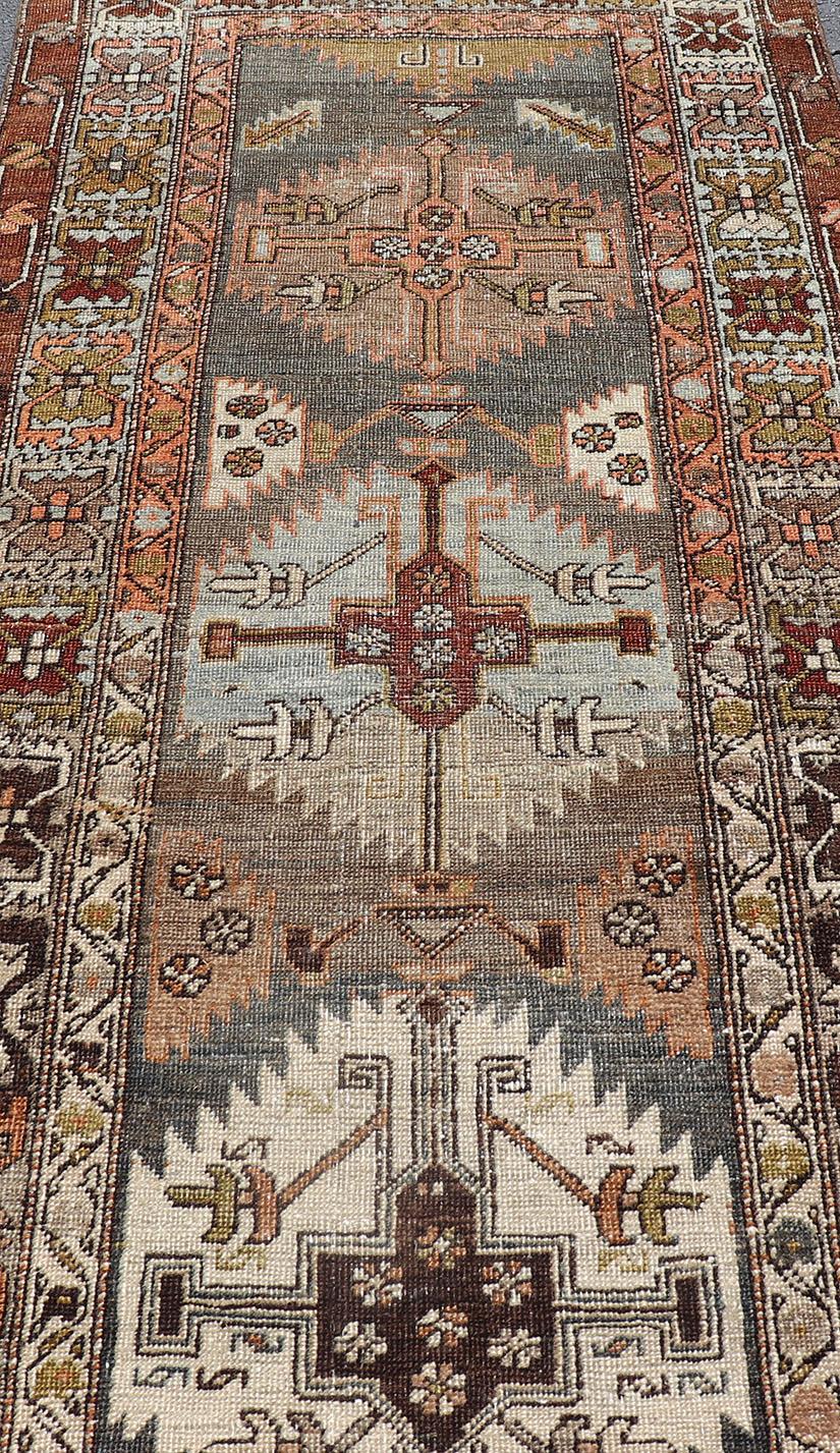 Long Distressed Persian Heriz-Serapi Runner with Multi Medallions For Sale 2