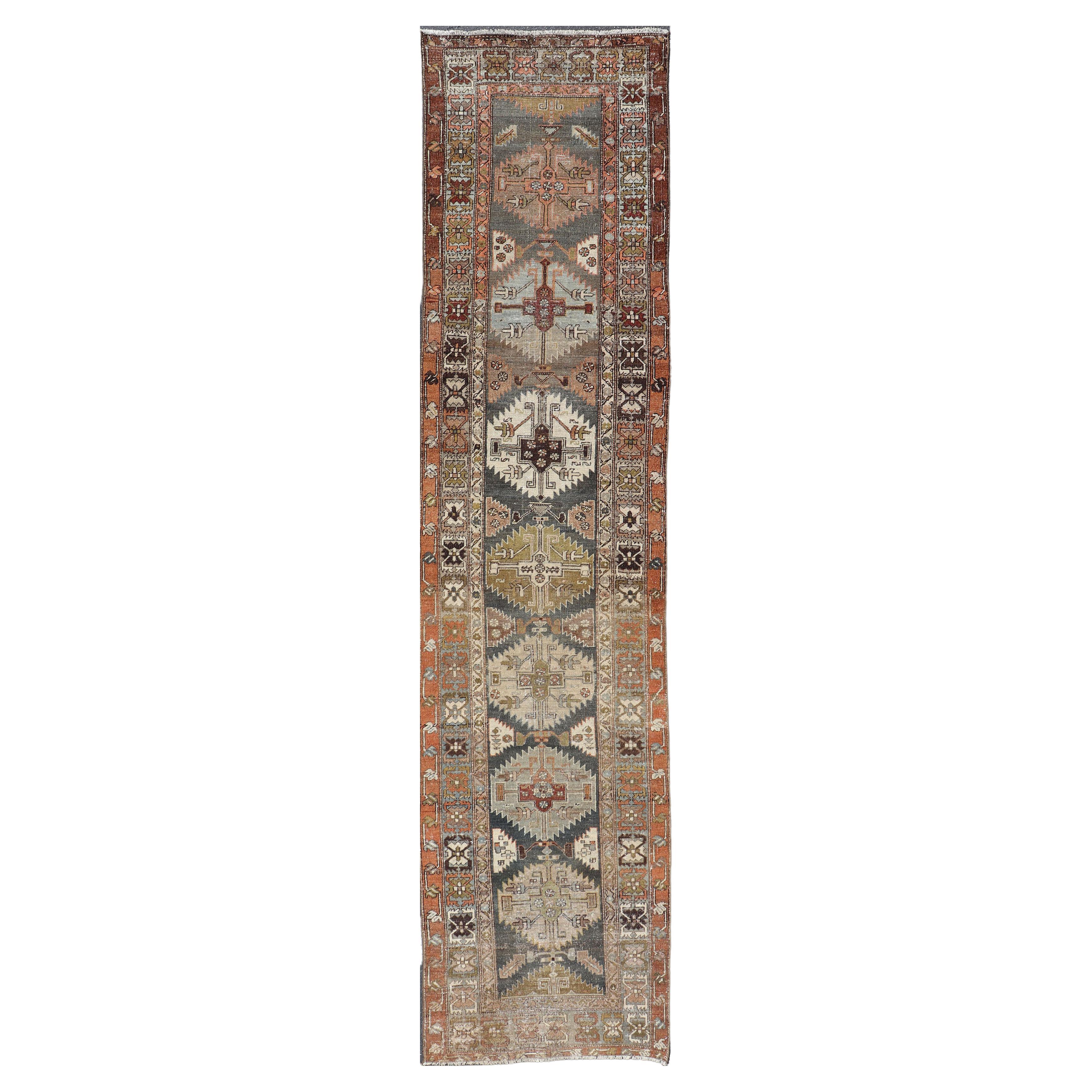 Long Distressed Persian Heriz-Serapi Runner with Multi Medallions