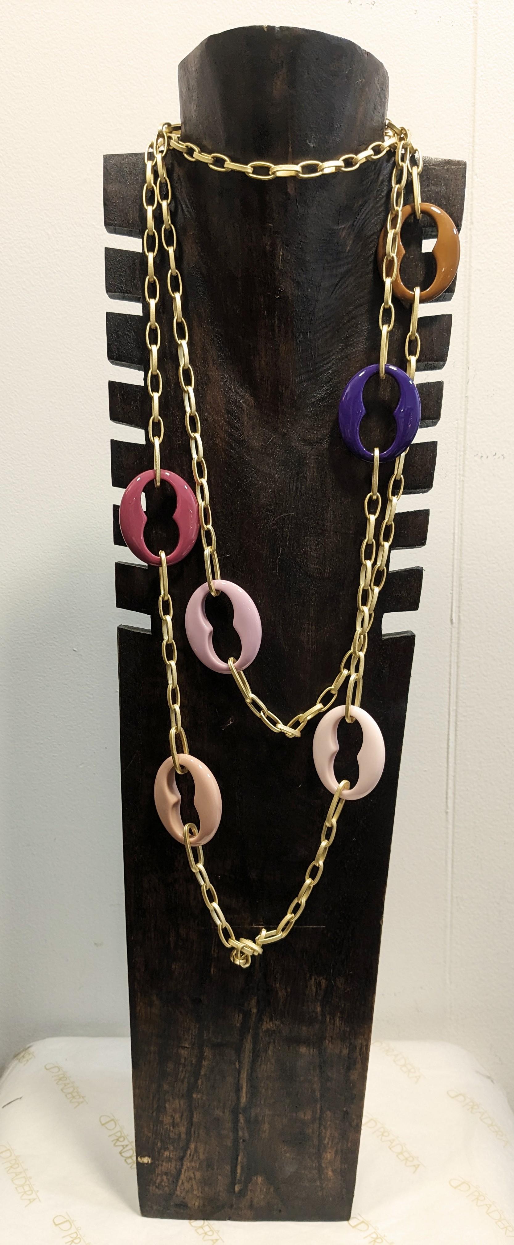 Contemporary Long double chain necklace with pastel hawser motifs 18kt matte gold Plated  For Sale