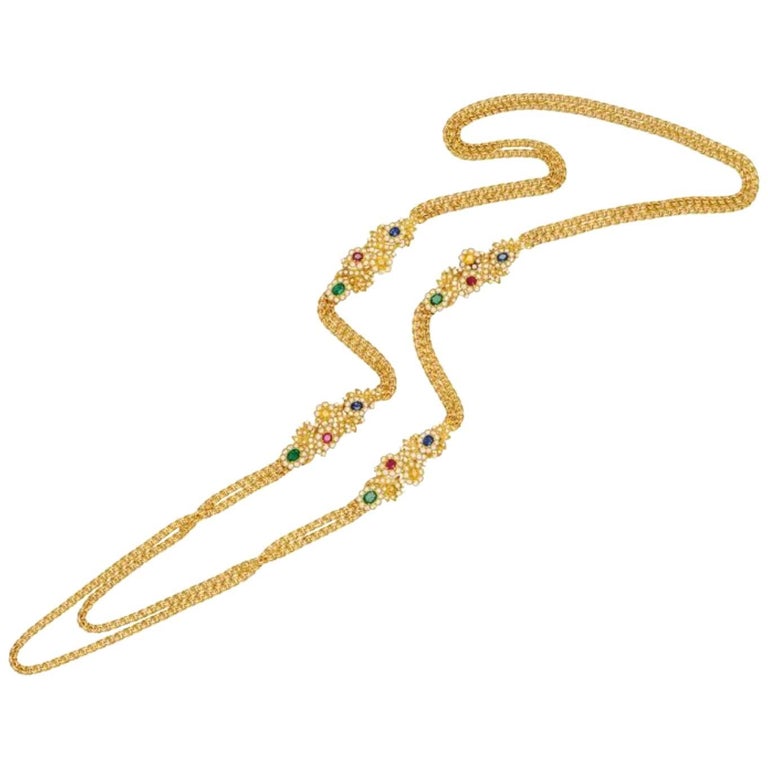 Long Double Strand, MultiGem and Gold Necklace at 1stDibs double