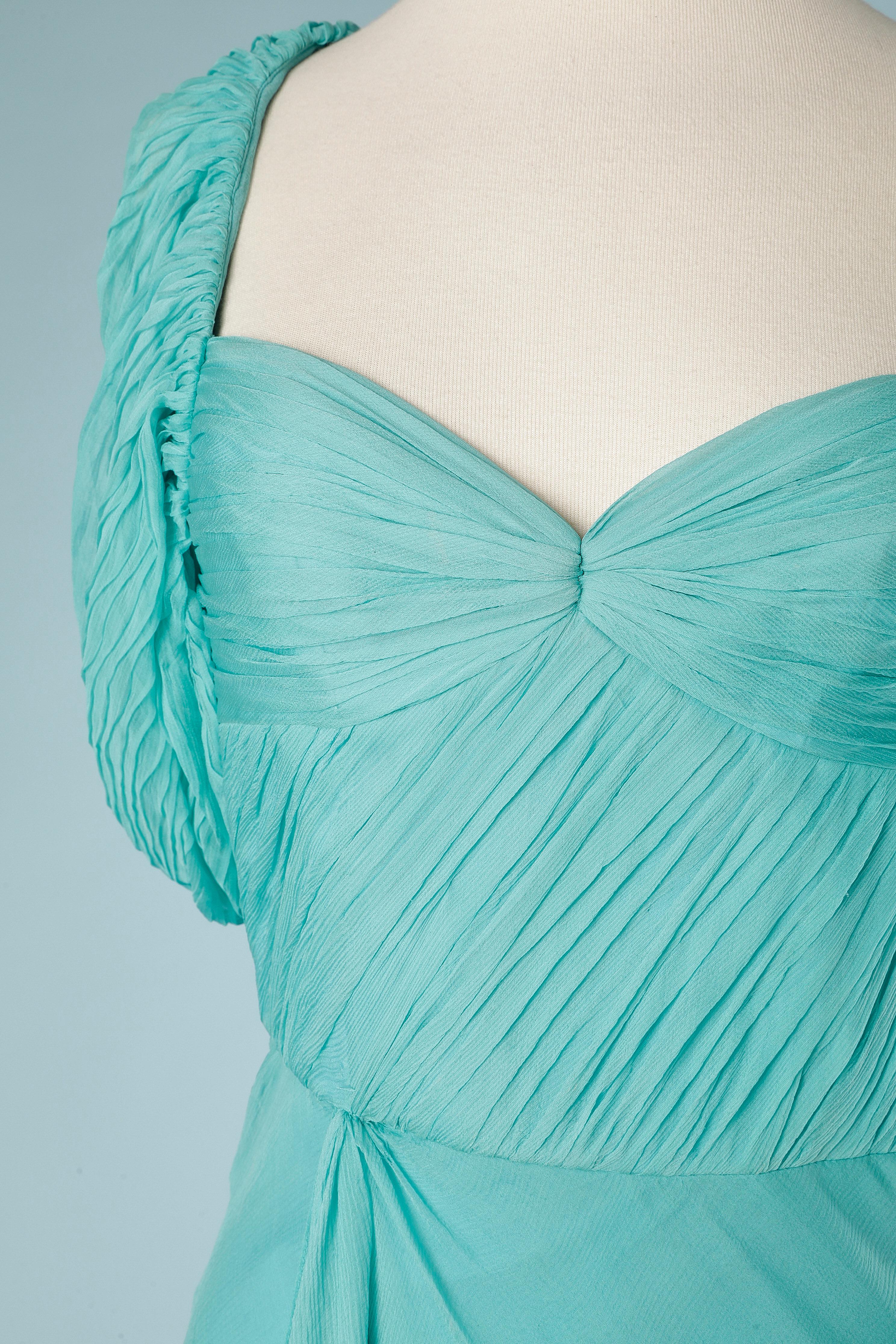 Blue Long drape evening dress in turquoise silk chiffon Sarbu ( No brand tag) 