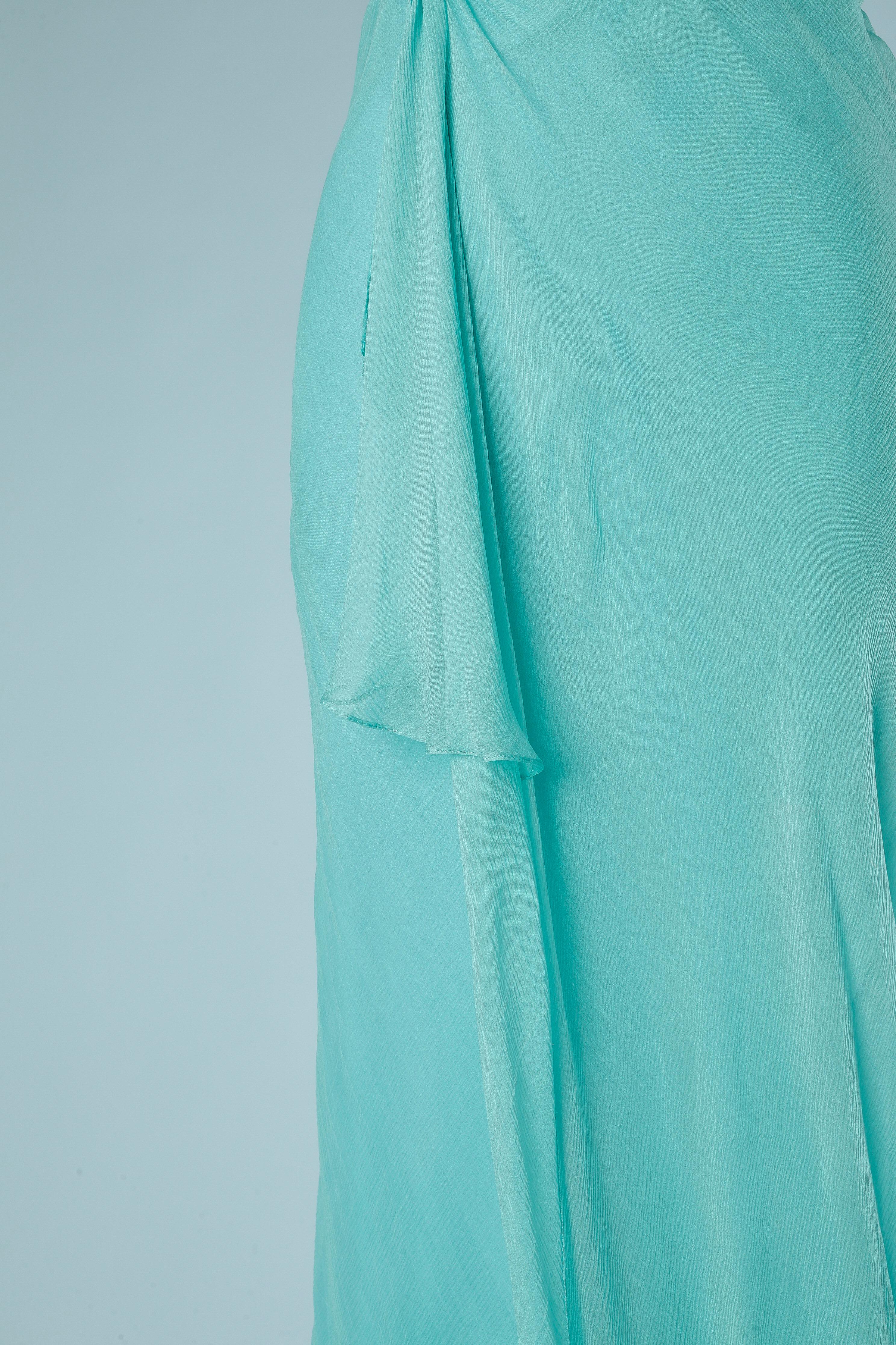 Long drape evening dress in turquoise silk chiffon Sarbu ( No brand tag)  In Excellent Condition In Saint-Ouen-Sur-Seine, FR