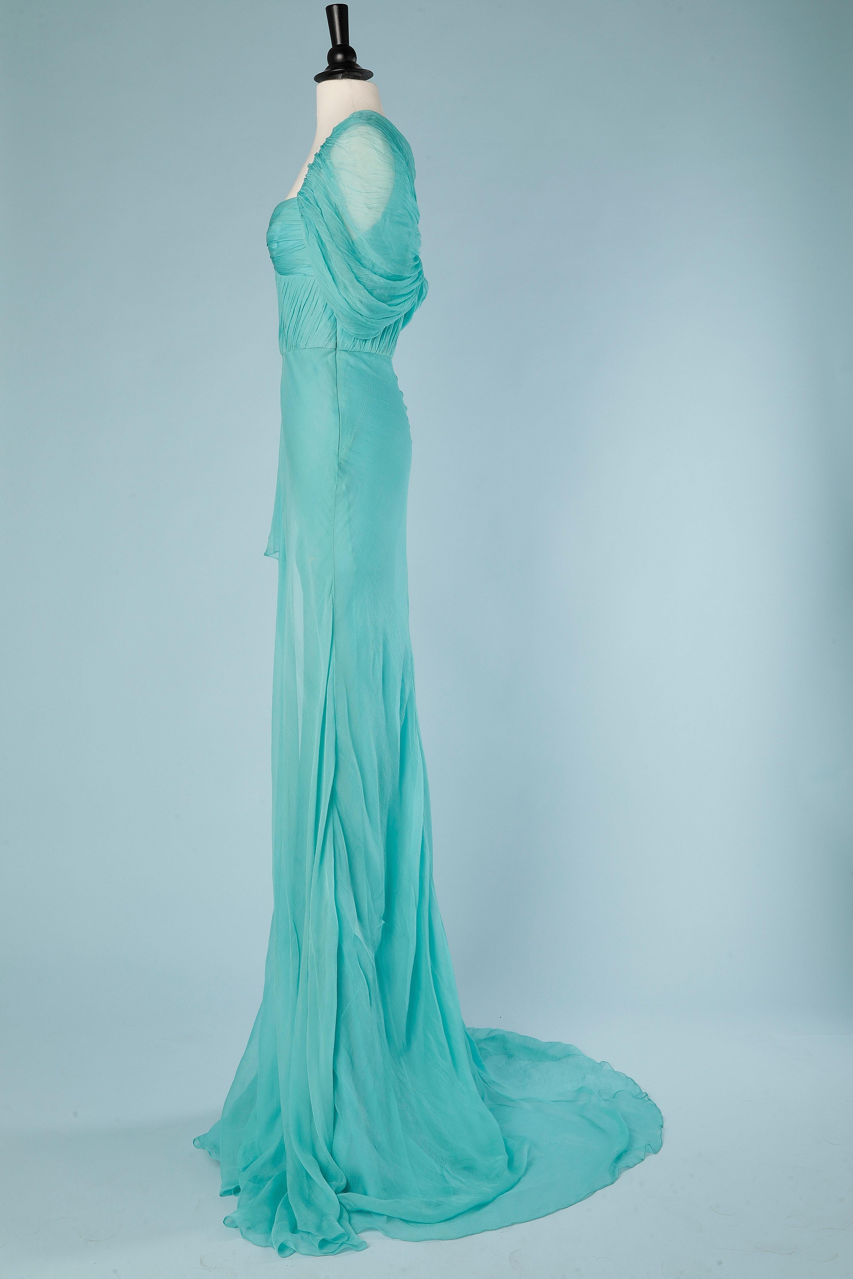 Women's Long drape evening dress in turquoise silk chiffon Sarbu ( No brand tag) 