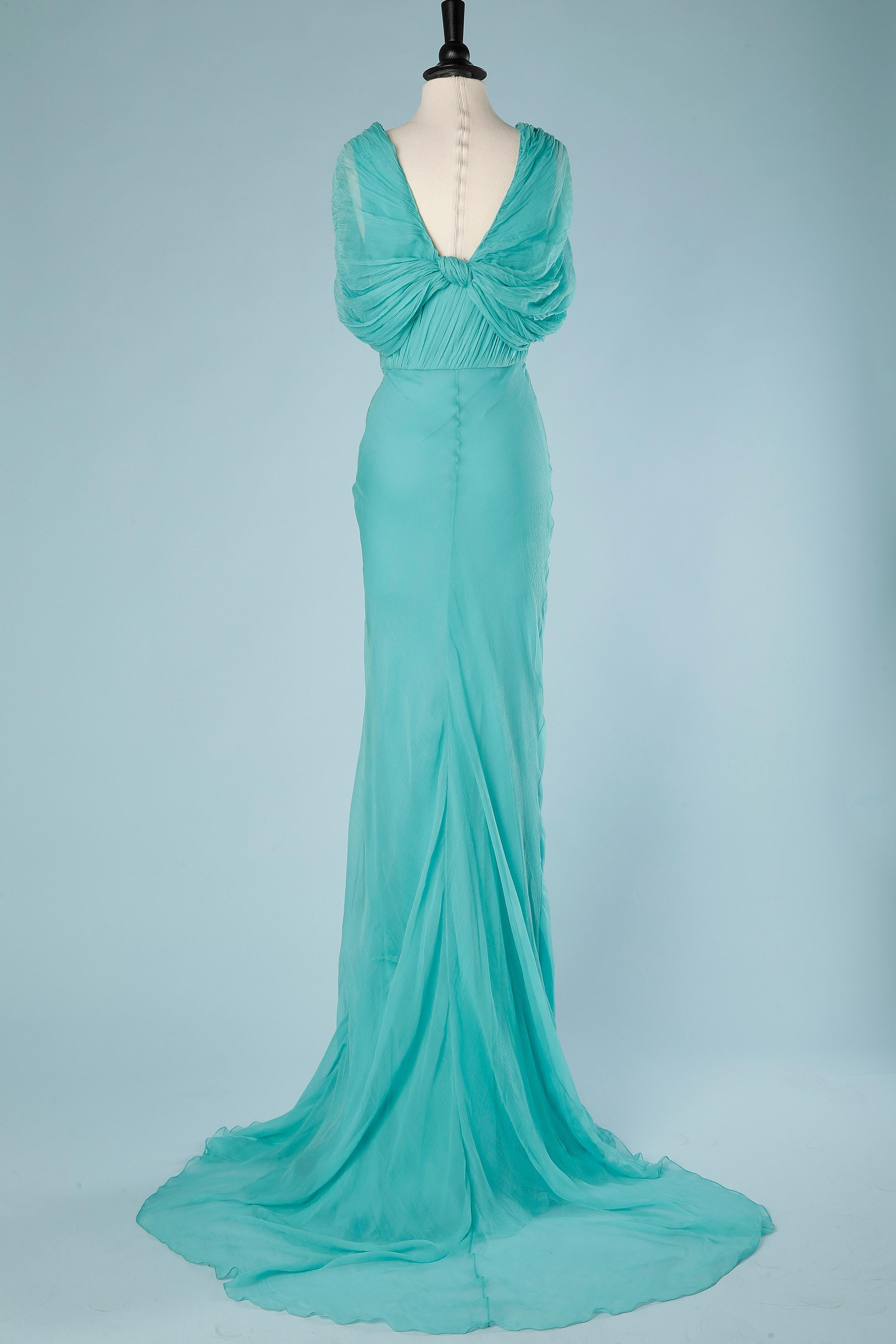 Long drape evening dress in turquoise silk chiffon Sarbu ( No brand tag)  1