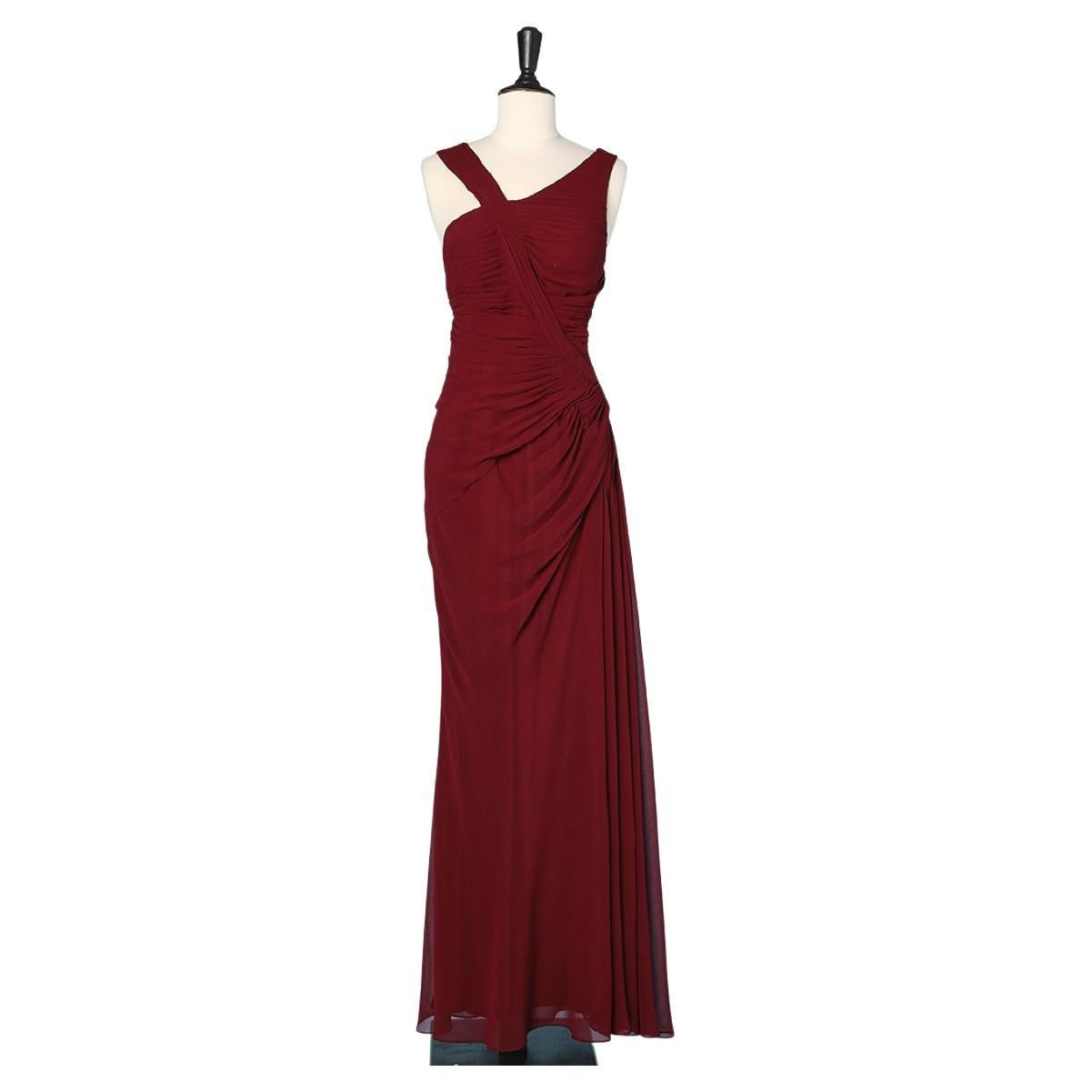 Long draped burgundy evening gown with belt Official  For Sale